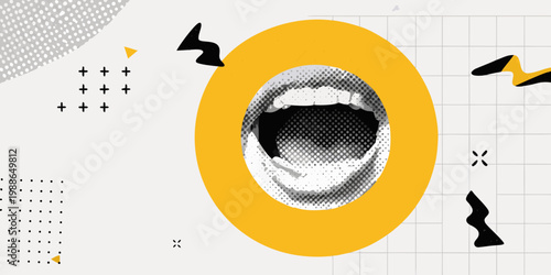 An open mouth illustration with abstract shapes and halftone patterns