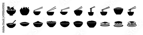 Black soup bowl and drink silhouette icon set - Minimal black silhouettes of bowls, soups, beverages and food items arranged in rows, isolated on white background for menu and icon design.