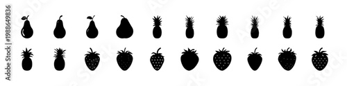 Black berry and fruit silhouette icon set - Minimal black silhouettes of berries and fruits including strawberries, pineapples and pears arranged in rows on white background.