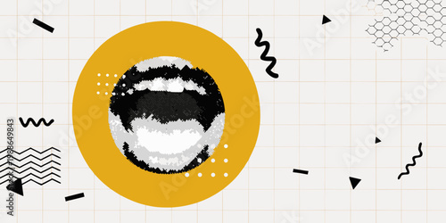 Abstract bee illustration with geometric shapes and a patterned background