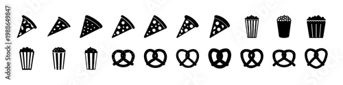 Black pizza and snack silhouette icon set - Minimal black silhouettes of pizza slices, popcorn, drinks and pretzels arranged in rows, isolated on white background for food icon design.