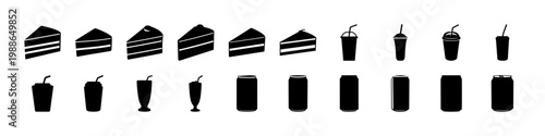 Black cake slice and drink silhouette icons - Set of black silhouettes showing cake slices and beverage cups arranged in rows, featuring desserts and drinks isolated on white background.