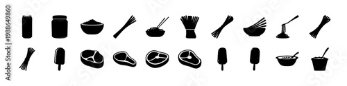 Black cooking utensil and food silhouette icons - Minimal black silhouettes of cooking tools, utensils, and food items including pans, spoons, skewers and dishes arranged on white background.