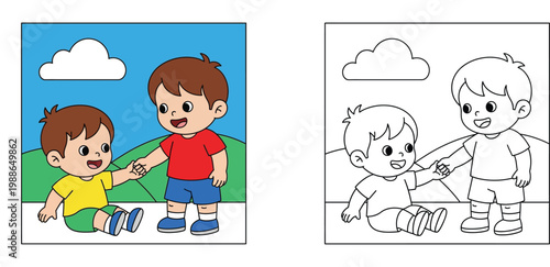 Kind Little Boy Helping His Friend Stand Up Outdoors - Friendship and Empathy Concept Illustration for Kids Coloring Book Page and Social Skills Education