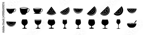 Black fruit slice and drink icon silhouettes - Set of black silhouettes featuring fruit slices and beverage glasses arranged in rows, including watermelon, citrus wedges and drink cups on white backgr