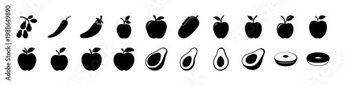 Black fruit silhouette icons collection isolated set - Set of black fruit silhouettes including apples, pears, pineapple, avocado and citrus slices arranged in rows on a white background.