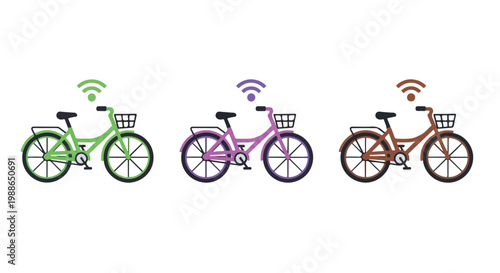 Colorful bicycles with WiFi signals and baskets on white background