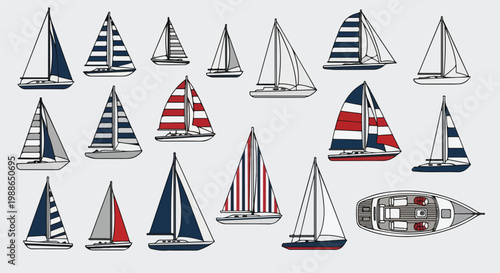 Collection of various sailboats and yachts with colorful sails on calm water