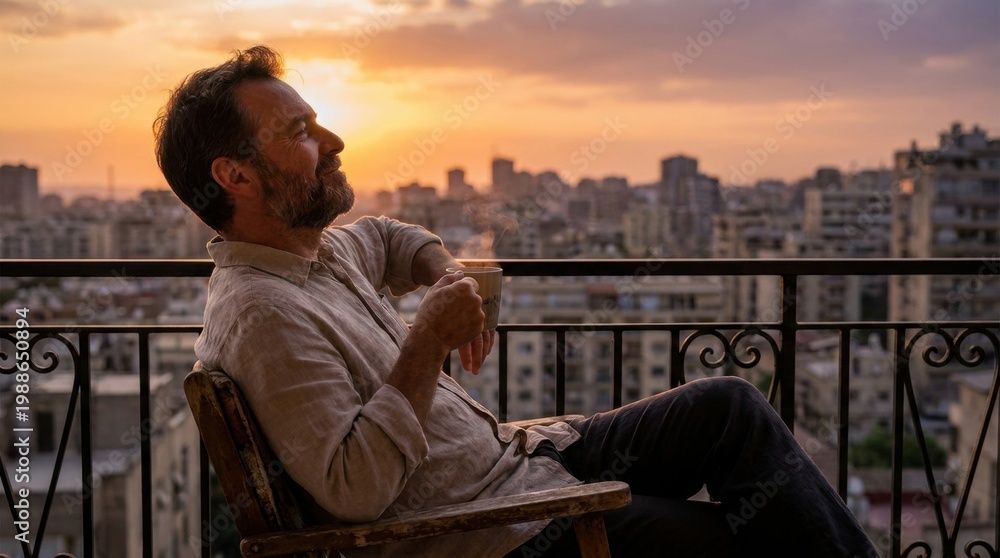 Fototapeta premium Happy male relaxing with hot beverage on terrace during golden hour.
