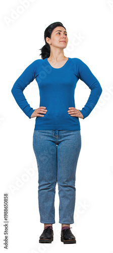 Full length portrait of a brave woman keeps arms on hips, smiling confident and looking away isolated on transparent background. Proud female show ambition and leadership motivation