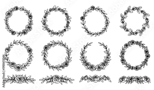 Botanical floral line art frame and wreath elements with roses and leaves for wedding stationery and brand identity design kit