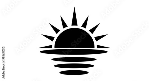 Vector illustration of sunrise or sunset icon, sun rising over the water horizon on a transparent background