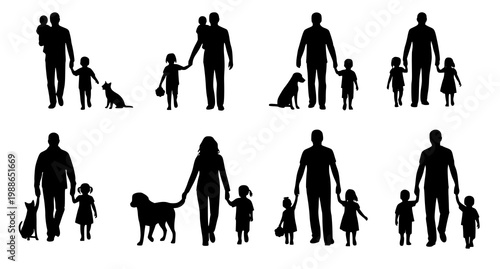 Family silhouettes vector set with parents children and pets in love bonding poses isolated on white background