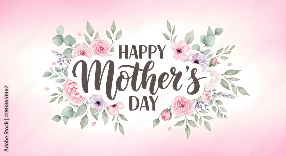 Fototapeta premium Happy mothers day floral greeting card with pink flowers and green leaves on pink background