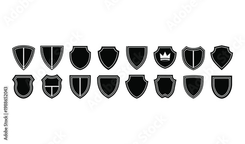 Collection of various black shield icons in different shapes and styles