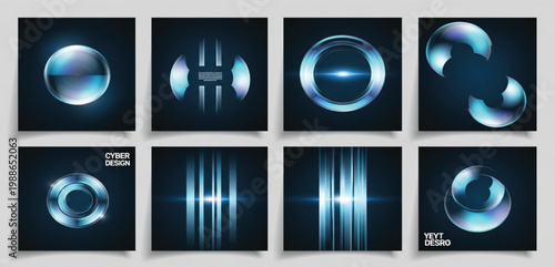 Futuristic Cyber Design Template Set with Glowing Blue Tech Rings Neon Light Flares and Glassy Spheres for Sci-Fi Backgrounds and Digital Interface Graphic Projects