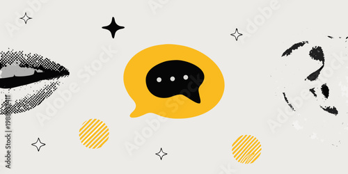 Abstract composition featuring lips speech bubble and sparkling elements