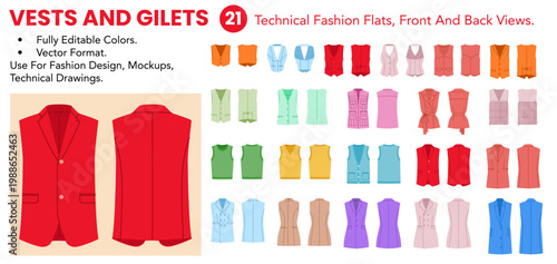 Vests And Gilets collection includes 21 editable technical fashion flats with front and back views, labeled styles and color versions for apparel design and mockups. Vector illustration