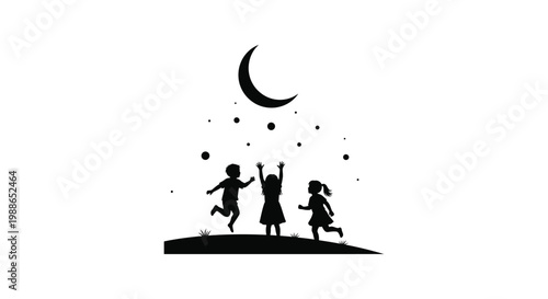 Children joyfully playing under the night sky with a crescent moon and stars