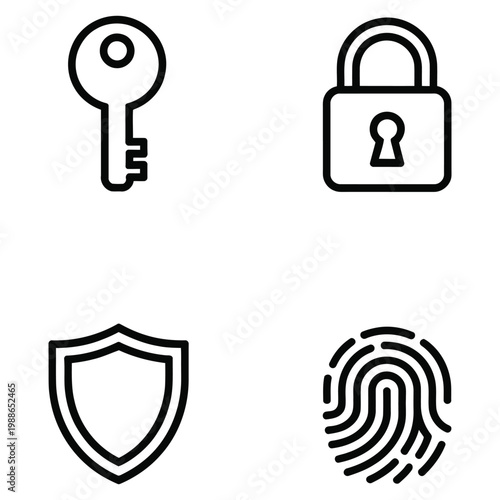 Simple black and white icons depict a key lock shield and fingerprint a security silhouette