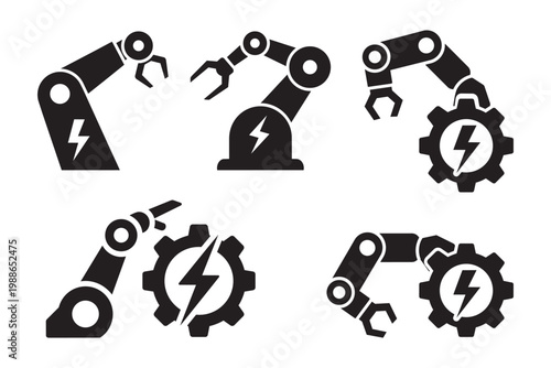 Set of robotic arms icons, industrial robot manipulators with gear and lightning bolt symbols, vector illustration