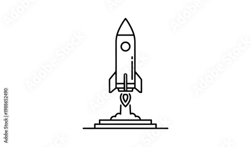 Black line art of a rocket launching into the air on a launchpad