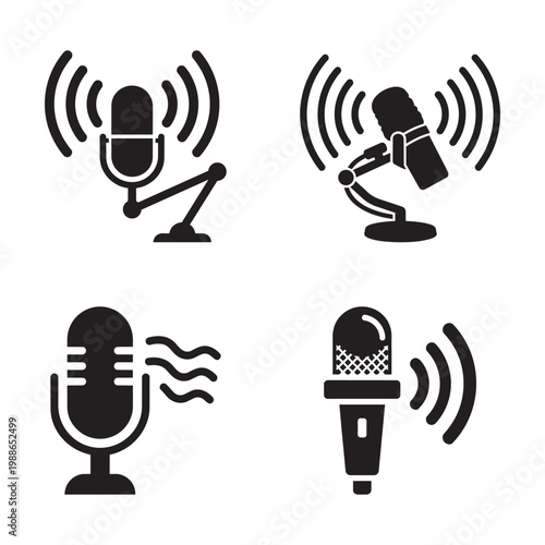 Set of microphone icons for podcast, radio, broadcasting, recording, and audio communication