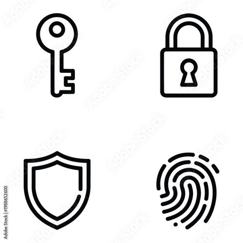 Simple black and white icons depicting a key lock shield and fingerprint silhouette