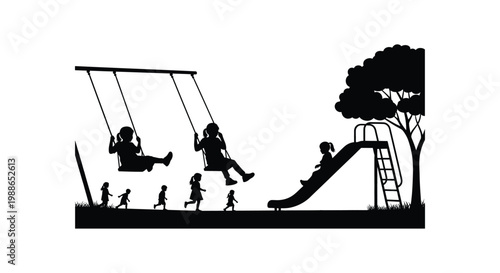 Children enjoying various playground activities under a tree