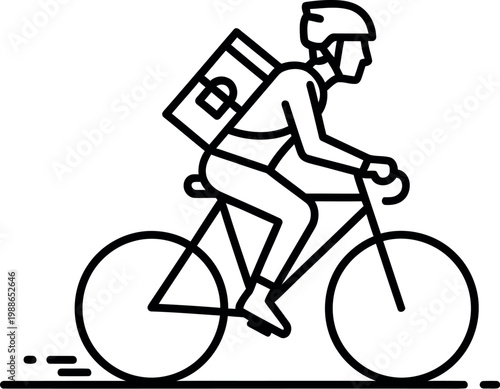 Courier in a helmet rides a bicycle while carrying a large backpack to complete a food delivery service for customers in the busy urban city center.