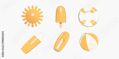 Summer themed icons sun popsicle life preserver and beach items