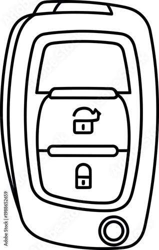 Modern vehicle key fob illustration featuring sleek black lines on a white background representing automotive technology and secure access to transportation for a contemporary car driver