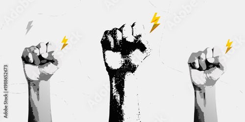 Raised fists with lightning bolts symbolizing power and protest action