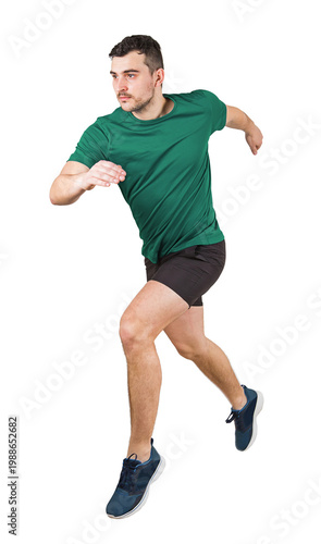 Full length portrait of a determined man athlete jumping over an obstacle isolated on transparent background. Male runner in powerful leaping motion, physical performance and agility