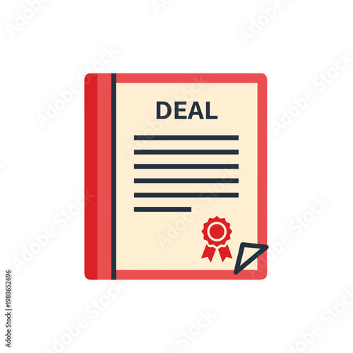 Red folder with a signed deal document featuring bold black text and a ribbon symbol for business agreements