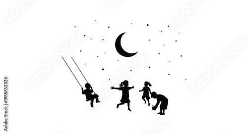 Children playing joyfully under the night sky with a crescent moon.