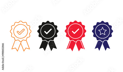 Colorful ribbon icons with checkmarks and star on for awards and recognition