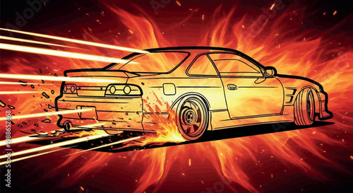 Sport car drifting fast with glowing dynamic flames and intense motion lines creating an aggressive style visual representing high speed performance on a dark background