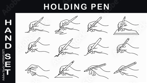 Hands Holding Pen in Various Positions and Grips Editable Outline Vector Illustration Bundle Writing Line Icons Set