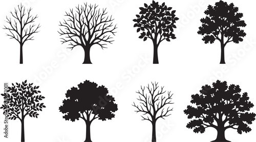 Collection of eight diverse tree silhouettes with varying foliage and branch structures isolated on a transparent background