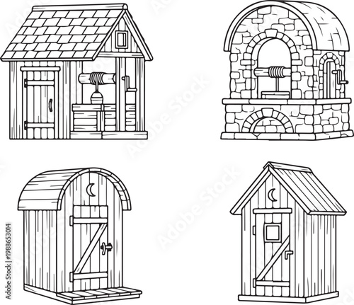 Collection of four rustic outhouses and water wells isolated on transparent background