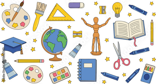 School and art supplies scattered against a starry background