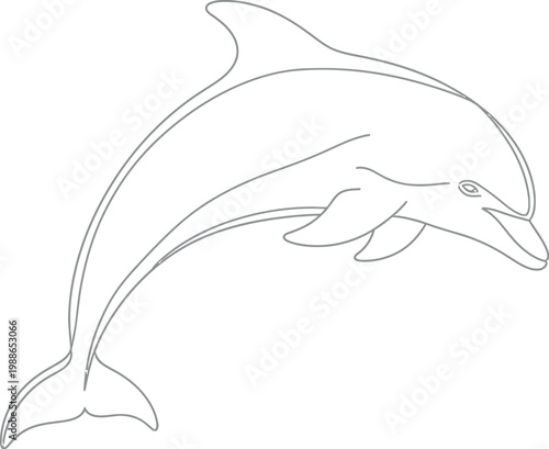 Simple and elegant continuous line drawing of a graceful bottlenose dolphin, perfect for a coloring book, educational material, or a clean graphic design element.