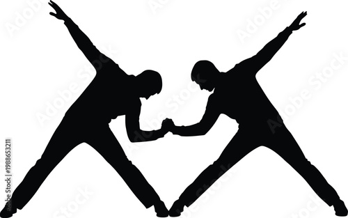 Two individuals performing a synchronized stretching exercise together in a balanced pose