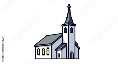 Simple Cartoon Church Building with Steeple and Cross.