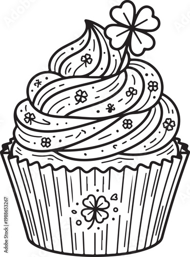 Hand drawn outline of a decorative cupcake with clover leaf ornaments isolated on transparent background
