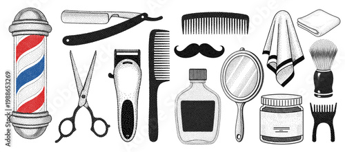 Vintage Barbershop Elements Collection, Barber Tools and Grooming Accessories in Retro Halftone Style, Straight Razor, Barber Pole, Hair Scissors, Trimmer, Mustache, Shaving Brush, Mirror, and Towel