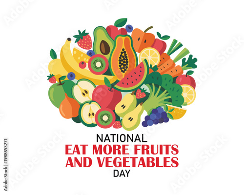National Eat More Fruits and Vegetables Day poster vector illustration. Pile of healthy fresh fruits and vegetables drawing. Template for background, banner, card. May 21