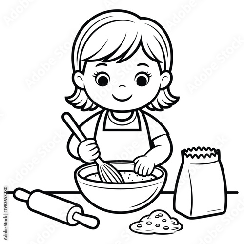 A young girl cheerfully bakes with a whisk and bowl showcasing a delightful silhouette