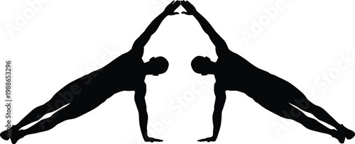 Two gymnasts performing a synchronized handstand against a plain background